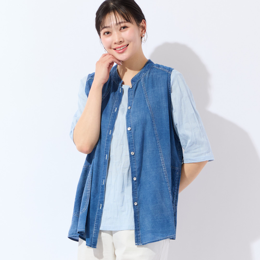 【洗える・L~4Lサイズ】デニムガーゼAラインベスト9