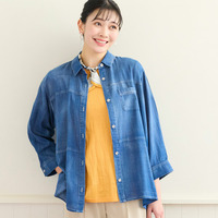 【定番人気・洗える・L～4Lサイズ】デニムガーゼAラインシャツ