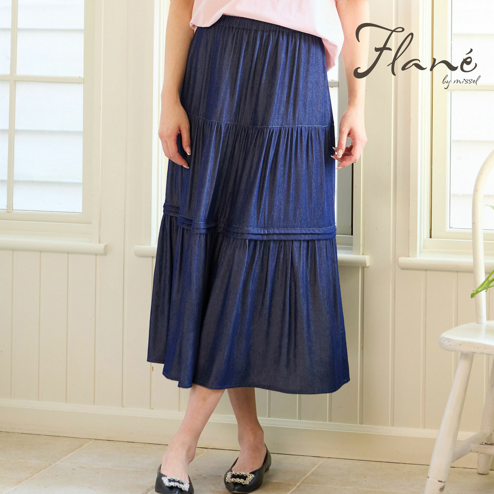 【洗える・M～3Lサイズ】ティアードスカート（ネイビー）