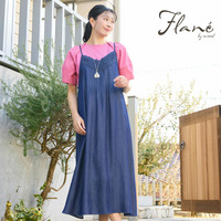 【洗える・体型カバー・M～3Lサイズ】レーストリムキャミワンピース（ネイビー）