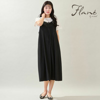 【洗える・体型カバー・M～3Lサイズ】レーストリムキャミワンピース（ブラック）