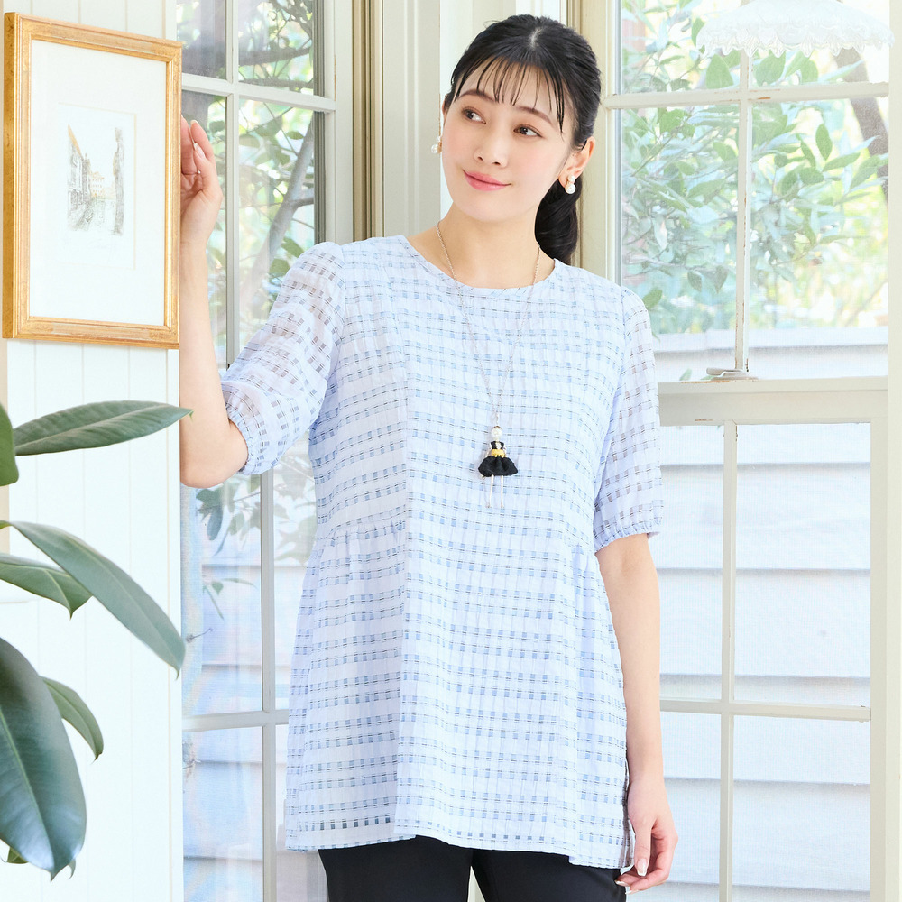 【洗える・M~3Lサイズ】シアーチェックチュニックブラウス16