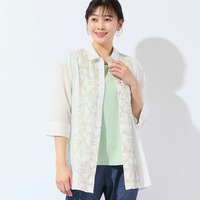 【洗える・L～4Lサイズ】リーフ刺繍 ワッシャーストライプシャツ