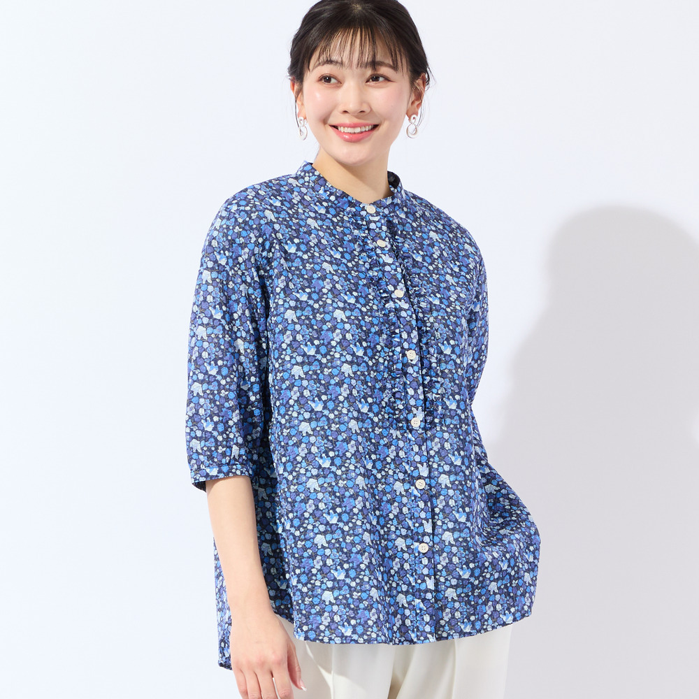 【リバティプリント・洗える・L～4Lサイズ】小花柄コットンフリルシャツ