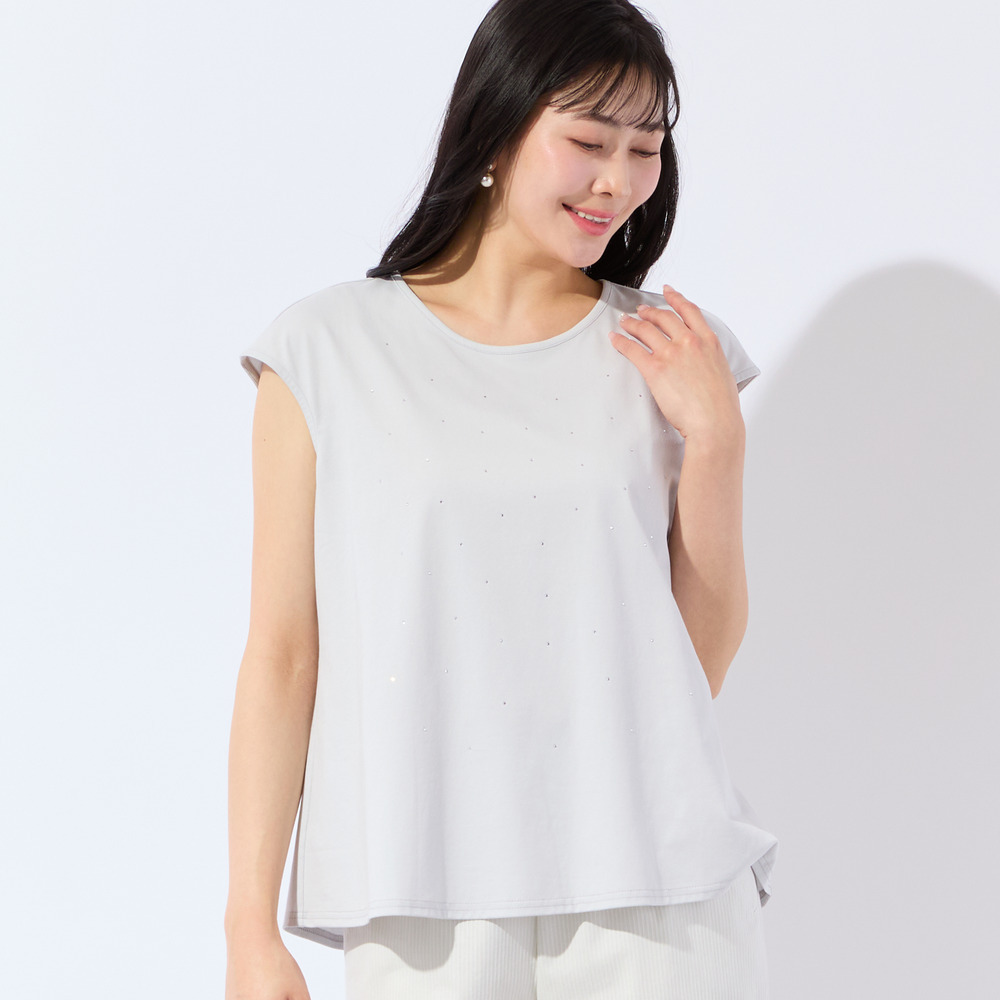 【洗える・L～4Lサイズ】ラインストーンつきノースリーブトップス