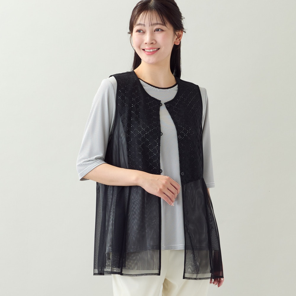 【洗える・アンサンブル可・L～4Lサイズ】サークルレース×チュールジレ