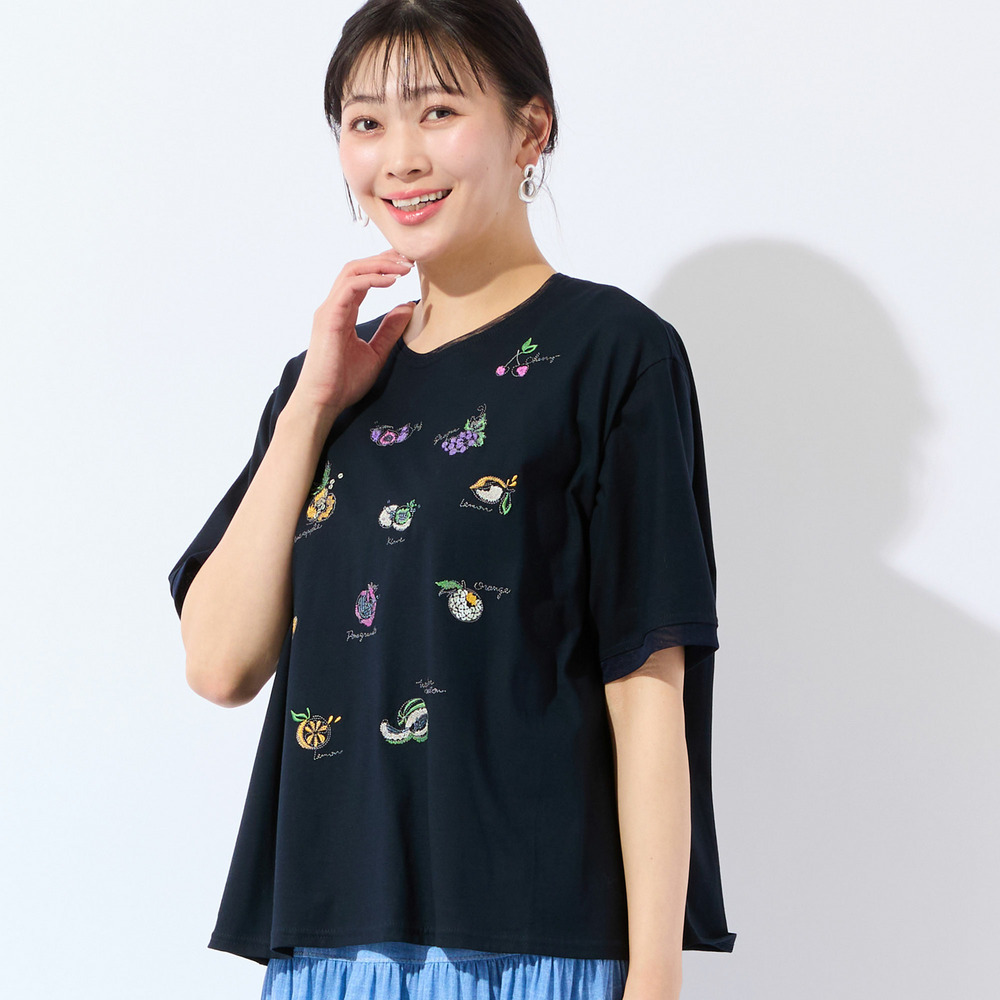 【洗える・日本製・L～4Lサイズ】フルーツ刺繍Tシャツ