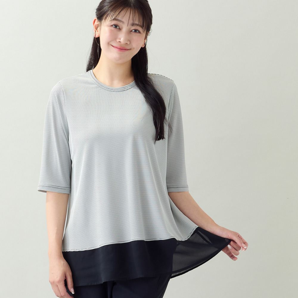 【洗える・日本製・L～4Lサイズ】ヘムシフォンAラインボーダーTシャツ