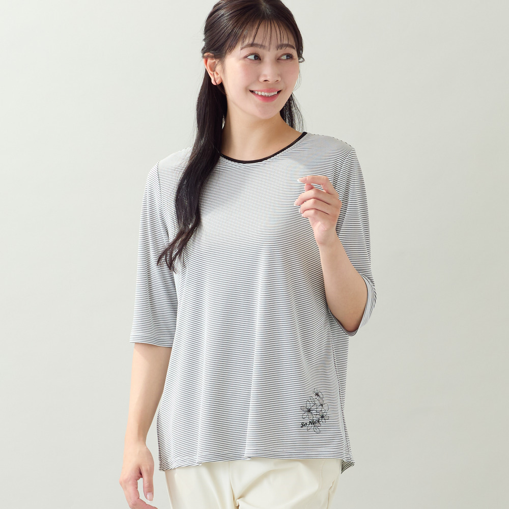 【洗える・日本製・L～4Lサイズ】お花刺繍入りボーダーTシャツ