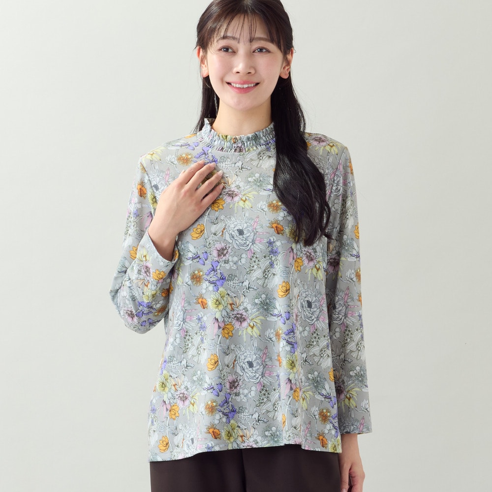 【洗える・L〜3Lサイズ】シャーリング襟花柄カットソー