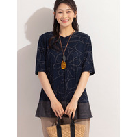 リーフ×ボーダー・VネックコットンTシャツ / 大きいサイズ ミゼール