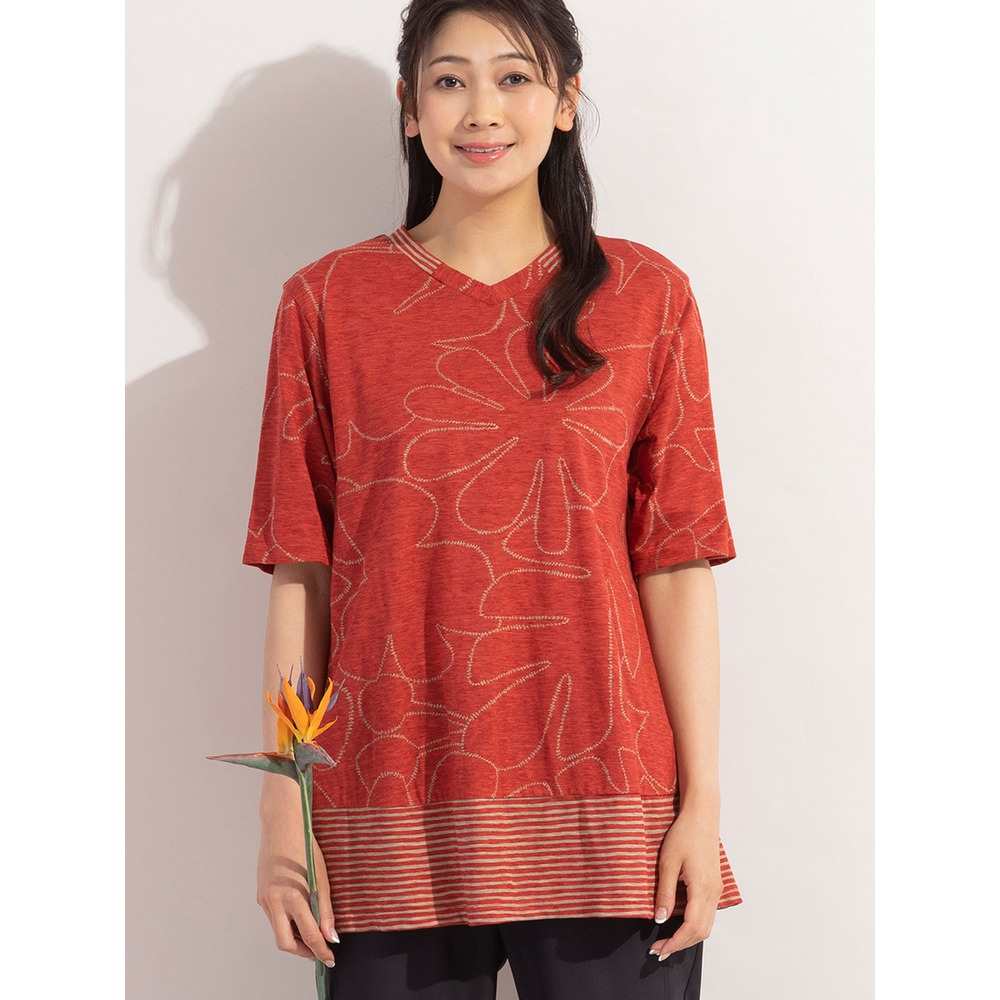 リーフ×ボーダー・VネックコットンTシャツ / 大きいサイズ ミゼール11