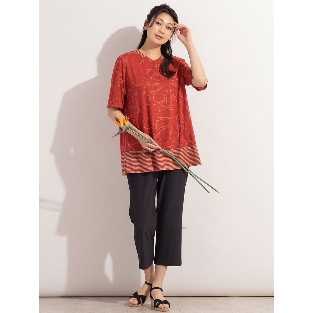 リーフ×ボーダー・VネックコットンTシャツ / 大きいサイズ ミゼール15