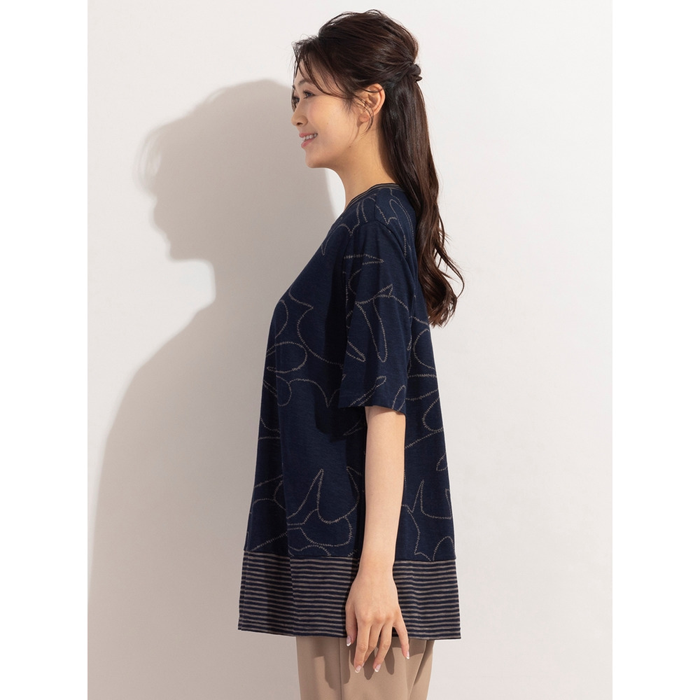 リーフ×ボーダー・VネックコットンTシャツ / 大きいサイズ ミゼール3