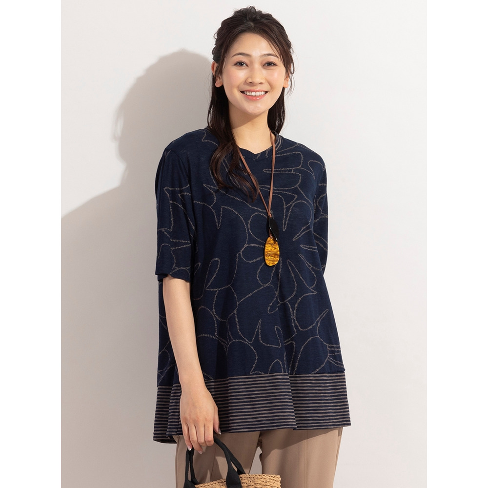 リーフ×ボーダー・VネックコットンTシャツ / 大きいサイズ ミゼール4