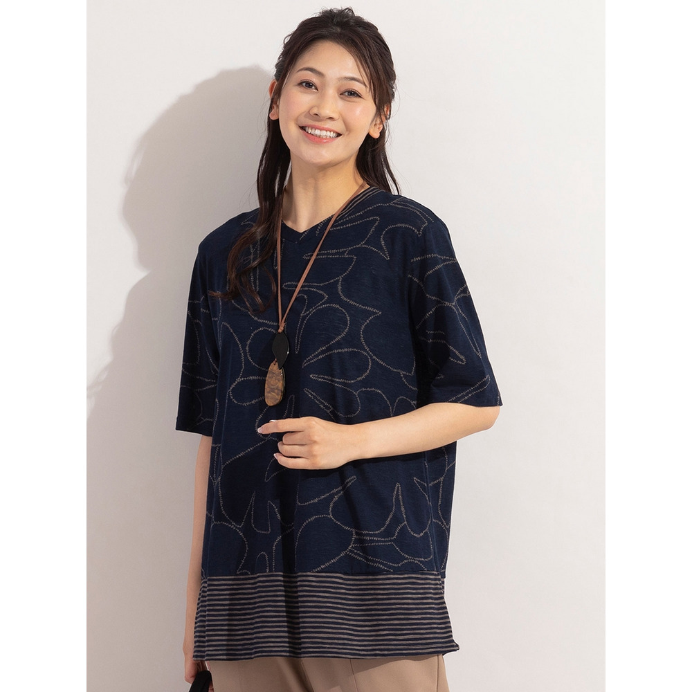 リーフ×ボーダー・VネックコットンTシャツ / 大きいサイズ ミゼール7