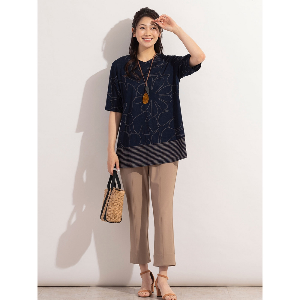 リーフ×ボーダー・VネックコットンTシャツ / 大きいサイズ ミゼール9