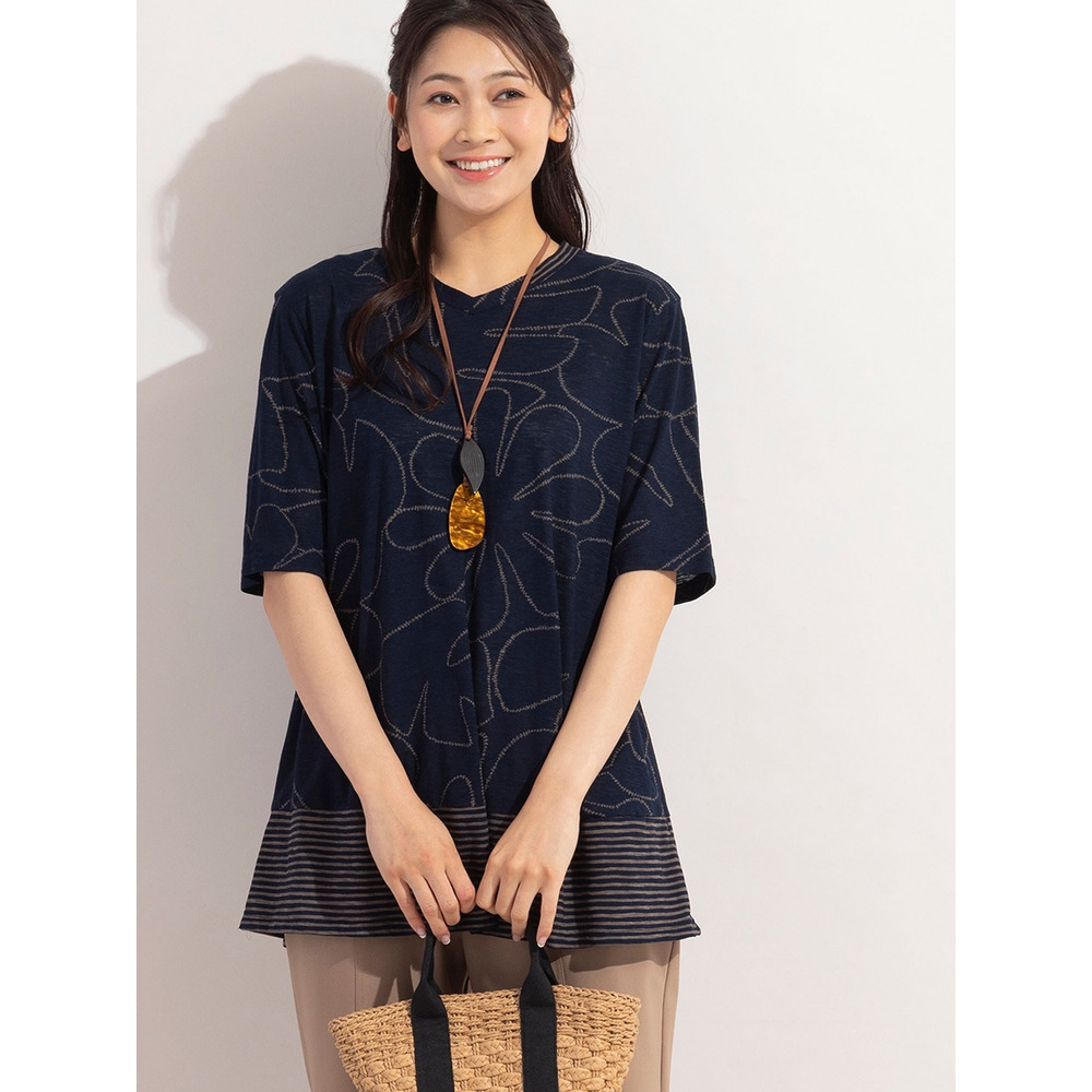 リーフ×ボーダー・VネックコットンTシャツ / 大きいサイズ ミゼール1