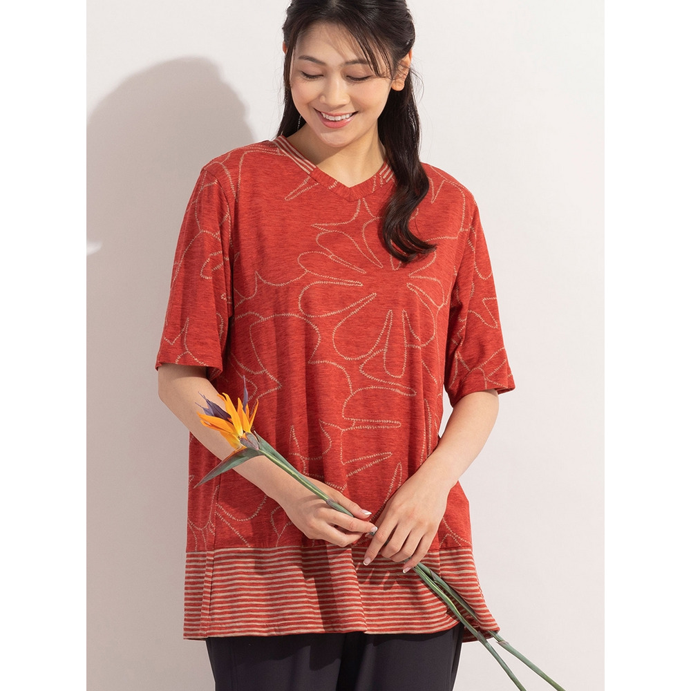 リーフ×ボーダー・VネックコットンTシャツ / 大きいサイズ ミゼール1