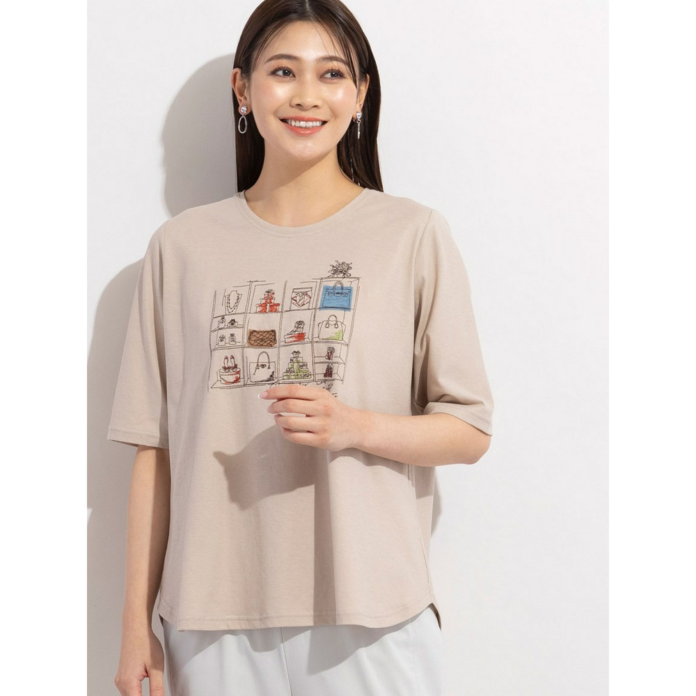 モチーフ刺繍コットンTシャツ ベージュ 1