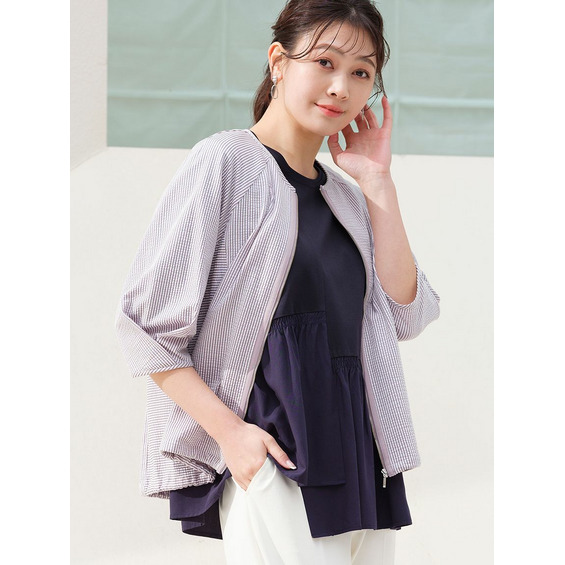 ■商品紹介■ 【大きいサイズ】【L/LL/3Lサイズ】 ◆着心地にこだわったライトアウター◆ 薄くてストレッチ性抜群のサッカー生地のブルゾンです。 表情感のあるストライプ柄で肌離れがよく、裏地のない軽
