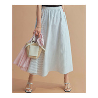 【洗える】リネンコットンストライプ ギャザー スカート