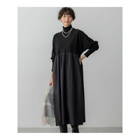 【洗える】ギャザーコンビ ニットワンピース