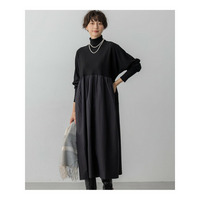 【洗える】ギャザーコンビ ニットワンピース