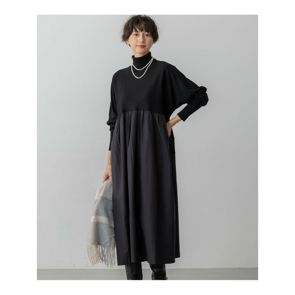 【洗える】ギャザーコンビ ニットワンピース1