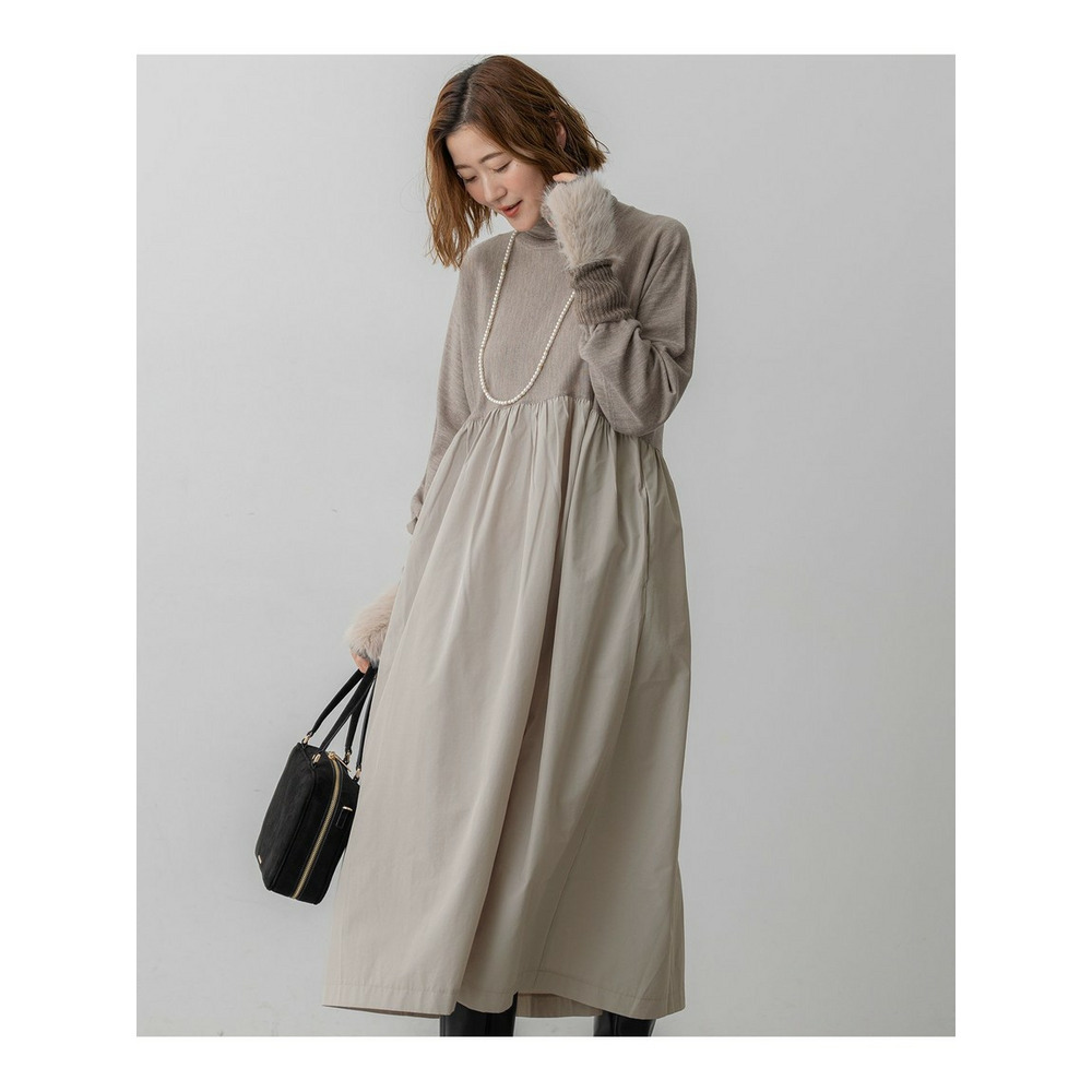 【洗える】ギャザーコンビ ニットワンピース1