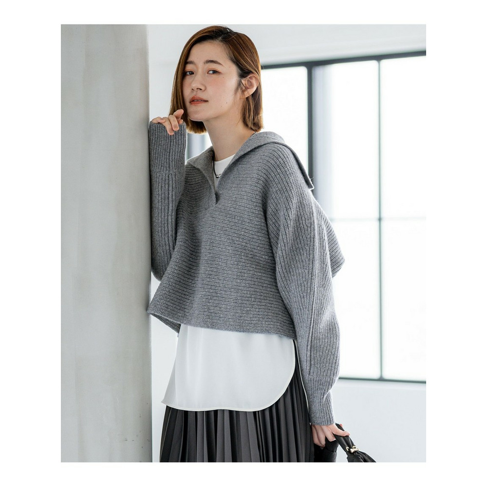 【洗える】ウールカシミヤチャンキー クロップド スキッパーニット1