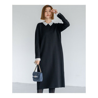 【洗える/吊り干しOK】ヴィスコースストレッチ レース襟 ワンピース