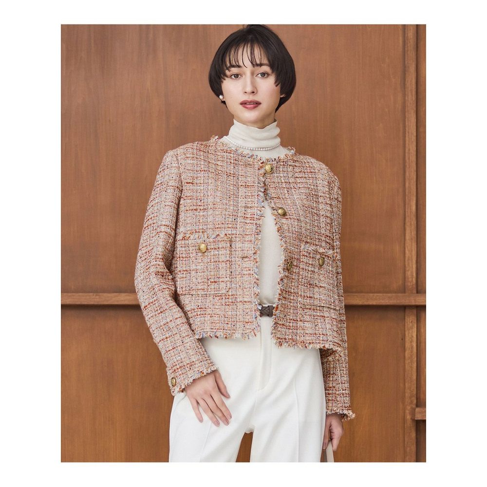 GIOLICAツイード ノーカラー ボタン ジャケット1