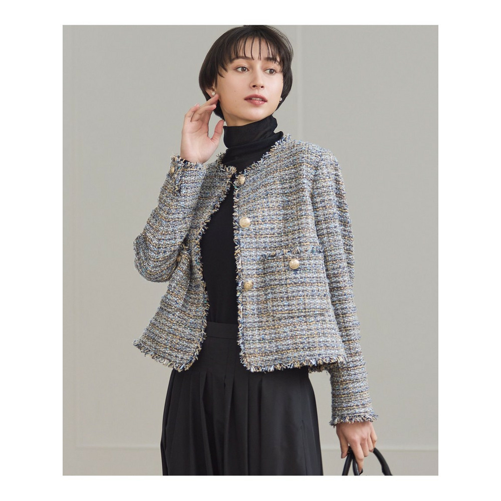 GIOLICAツイード ノーカラー ボタン ジャケット1