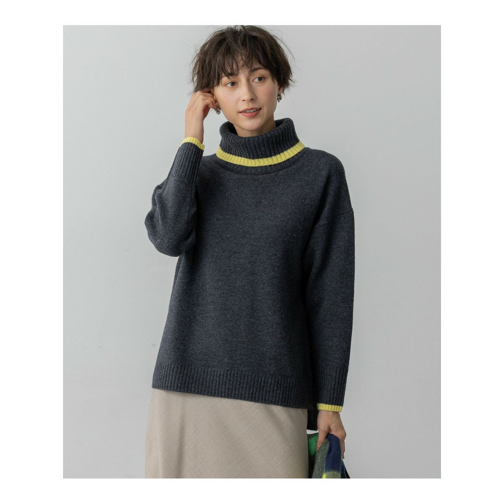 【洗える】ウールカシミヤ コンビカラー オフタートル ニット