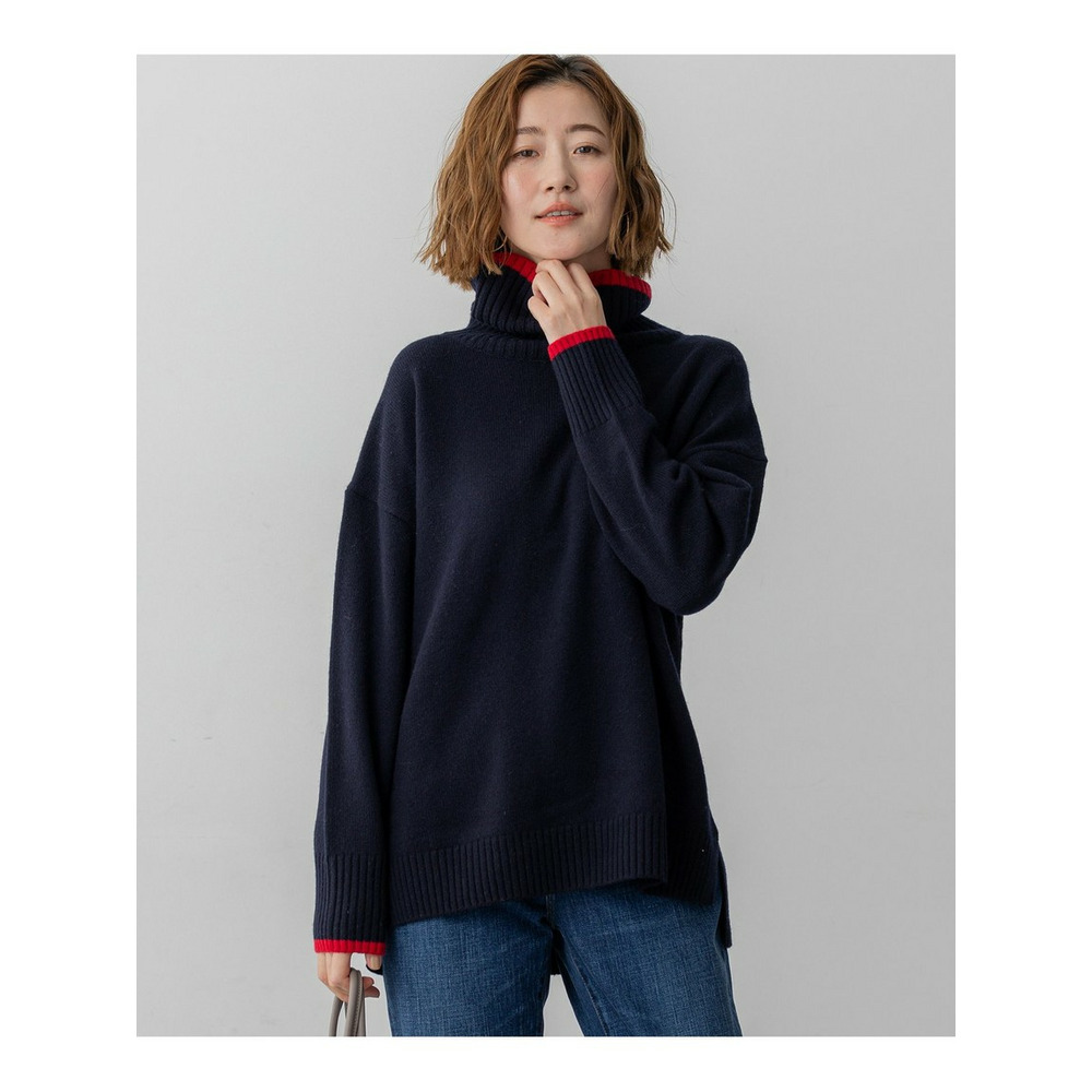 【洗える】ウールカシミヤ コンビカラー オフタートル ニット1