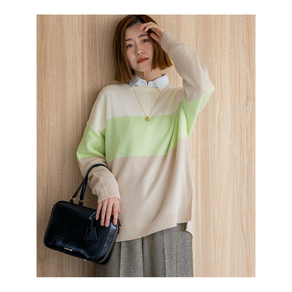 【洗える】ウールカシミヤ カラーブロック チュニック ニット
