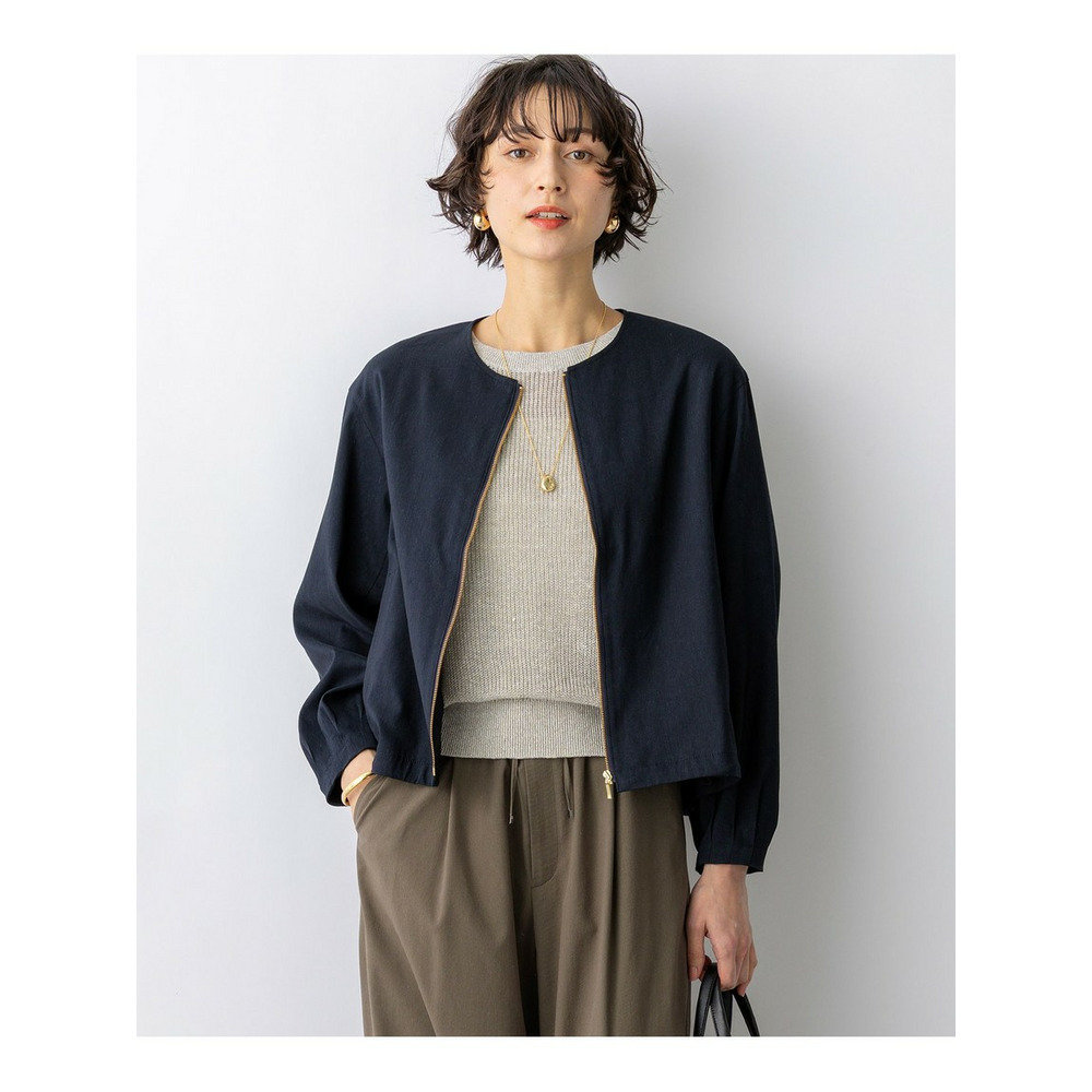 リネンレーヨンストレッチ ノーカラー ブルゾン