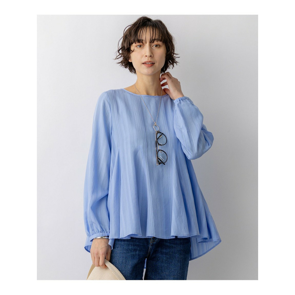 ドビーストライプ クルーネック フレアブラウス