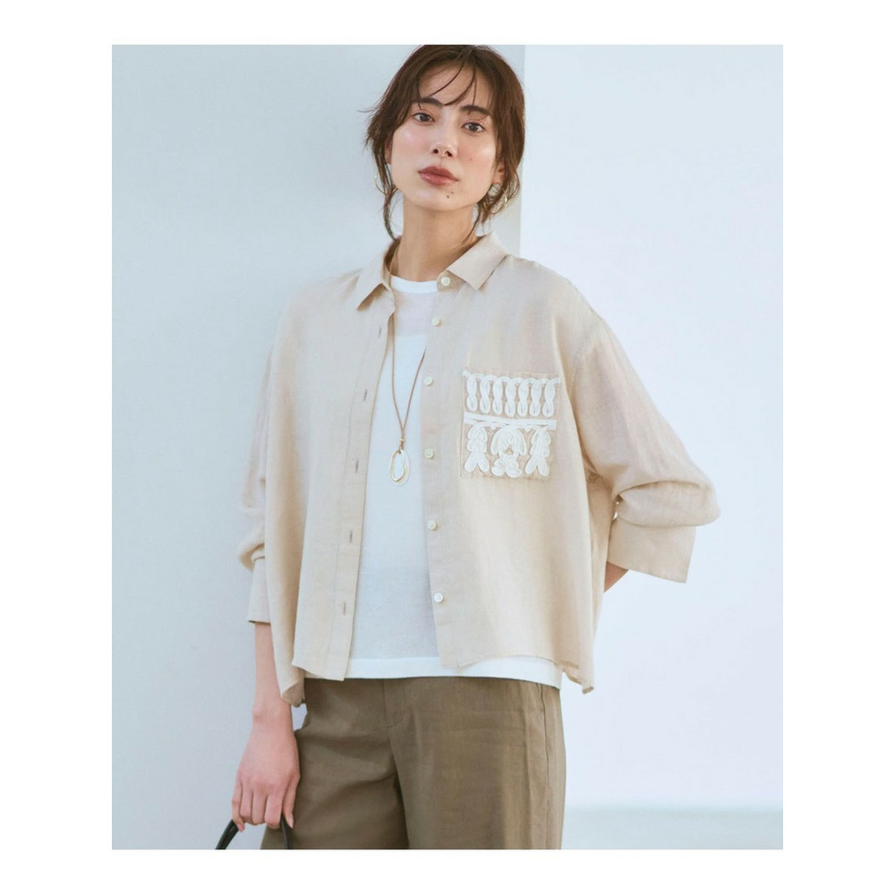 LIBECOリネン ポケット刺繍 クロップドシャツ