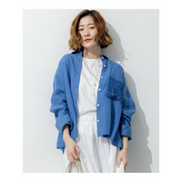 LIBECOリネン ポケット刺繍 クロップドシャツ