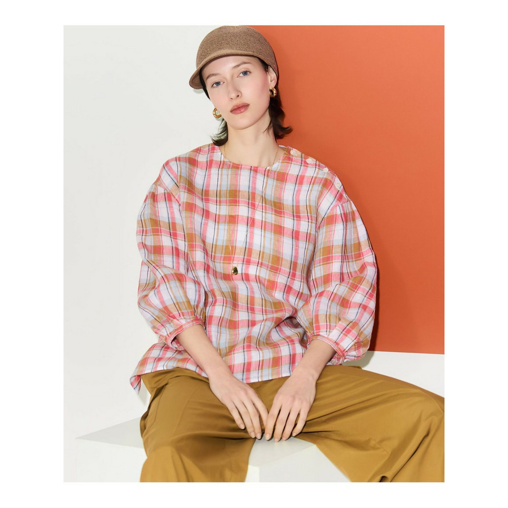 LIBECOリネン チェック ボリュームスリーブ ブラウス