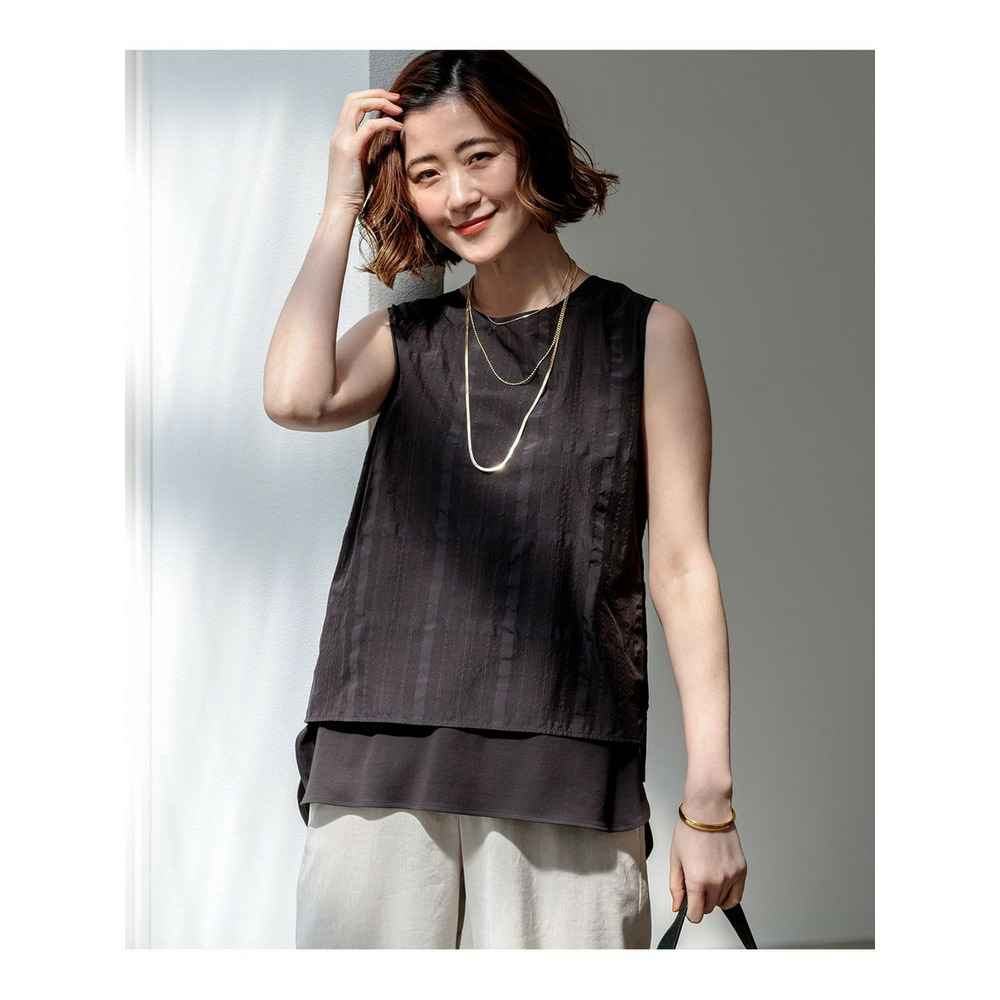 シアーチェックレイヤード スリーブレス Tブラウス