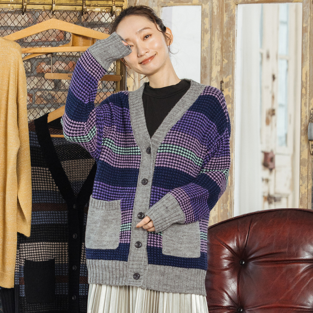 21号(6L～) ワッフルボーダージャカードニットカーディガン