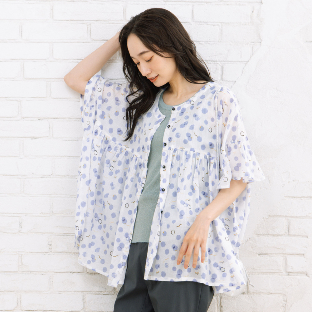 21号(6L~) カモメ×水彩ドットプリント2wayブラウス1