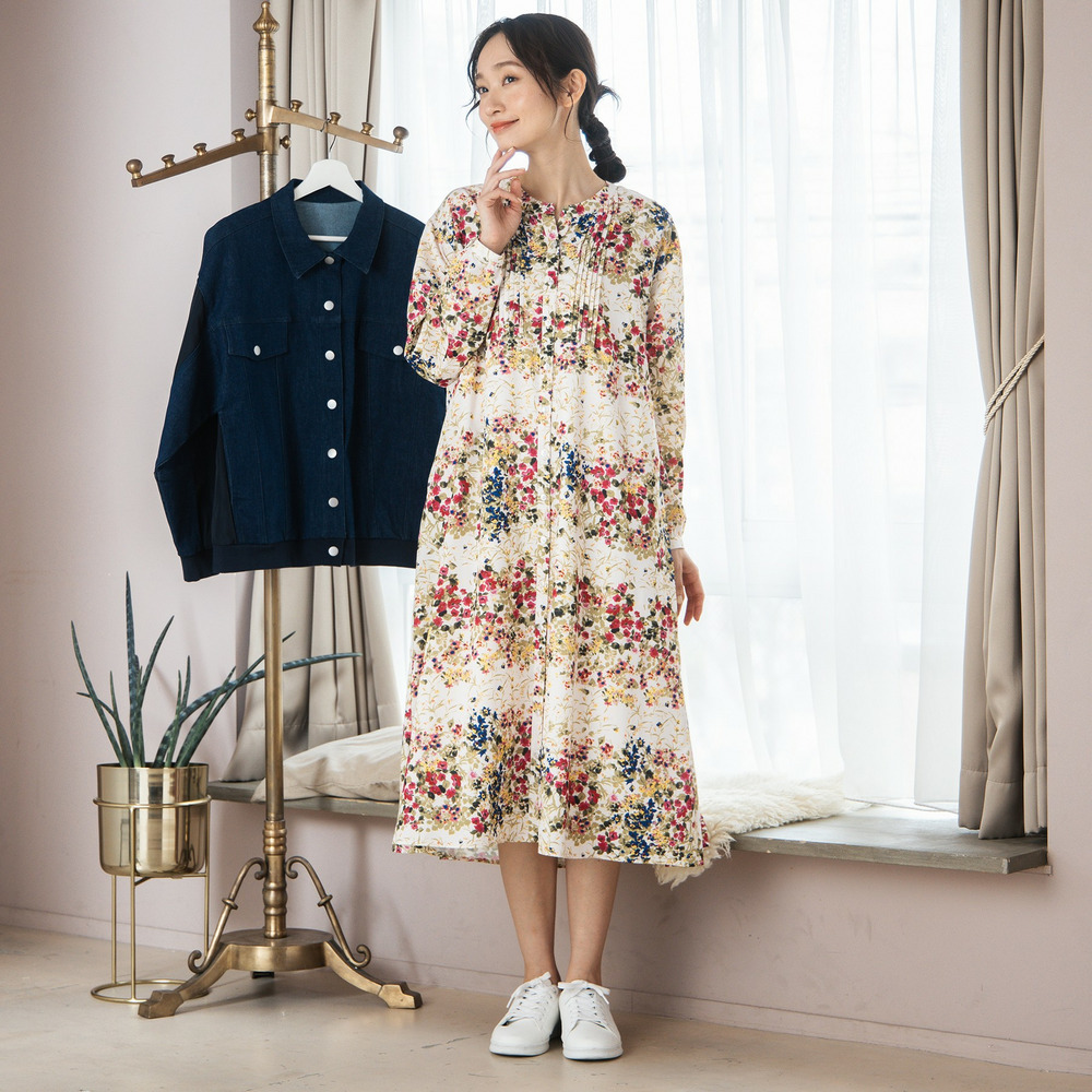 デシンフラワープリントピンタックワンピース