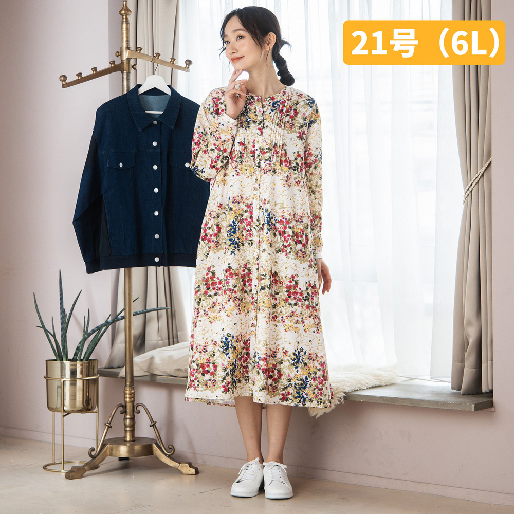 21号(6L～) デシンフラワープリントピンタックワンピース