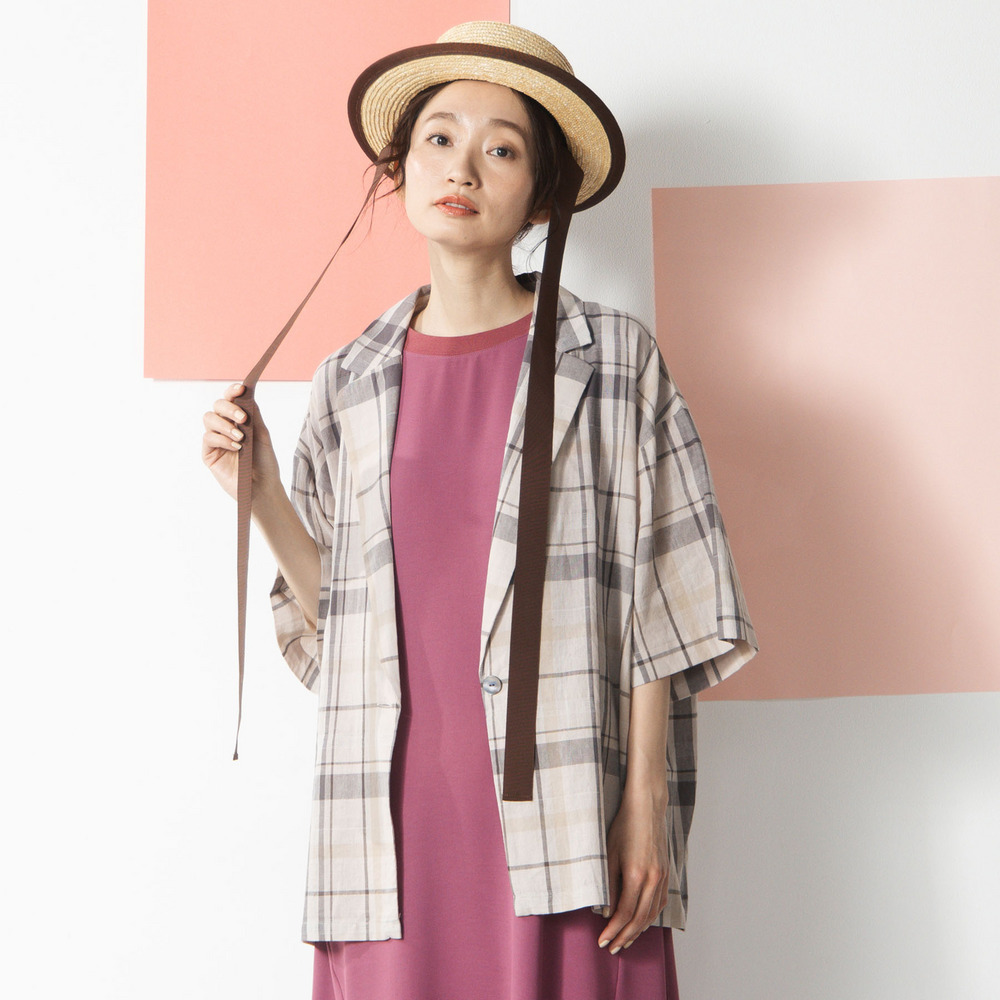 21号(6L～) コットンリネンドビーチェックジャケット【予約販売限定】