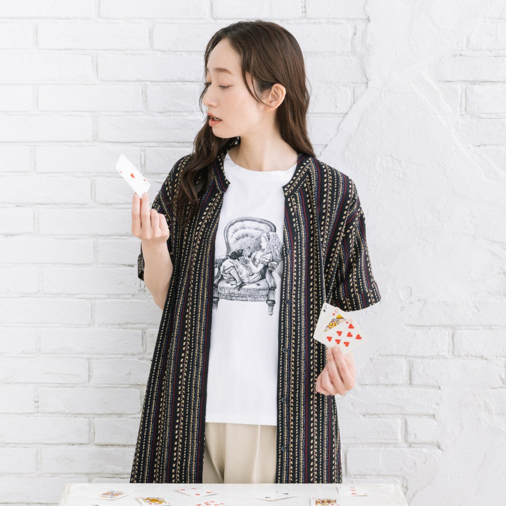 [Rogique]THE MACMILLAN Alice モノクロアリスプリントスペードトランプ刺繍Tシャツ