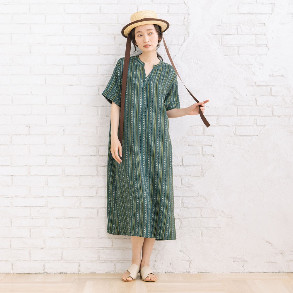21号(6L～) 楊柳ストライプキーネックワンピース【予約販売限定】